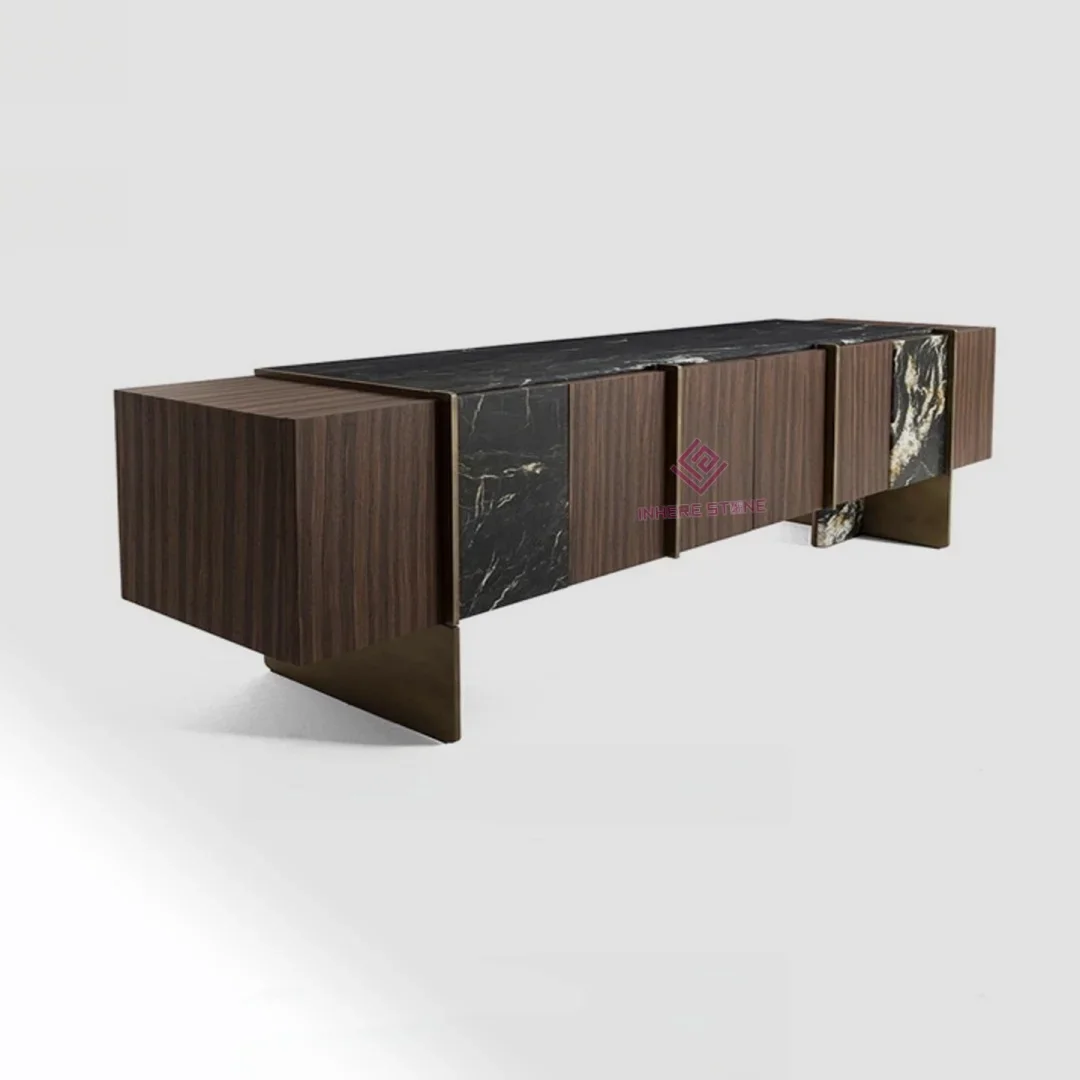 Taffe TV Unit | Modern TV Cabinet Marble Slate Stainless Steel Base - Image 2
