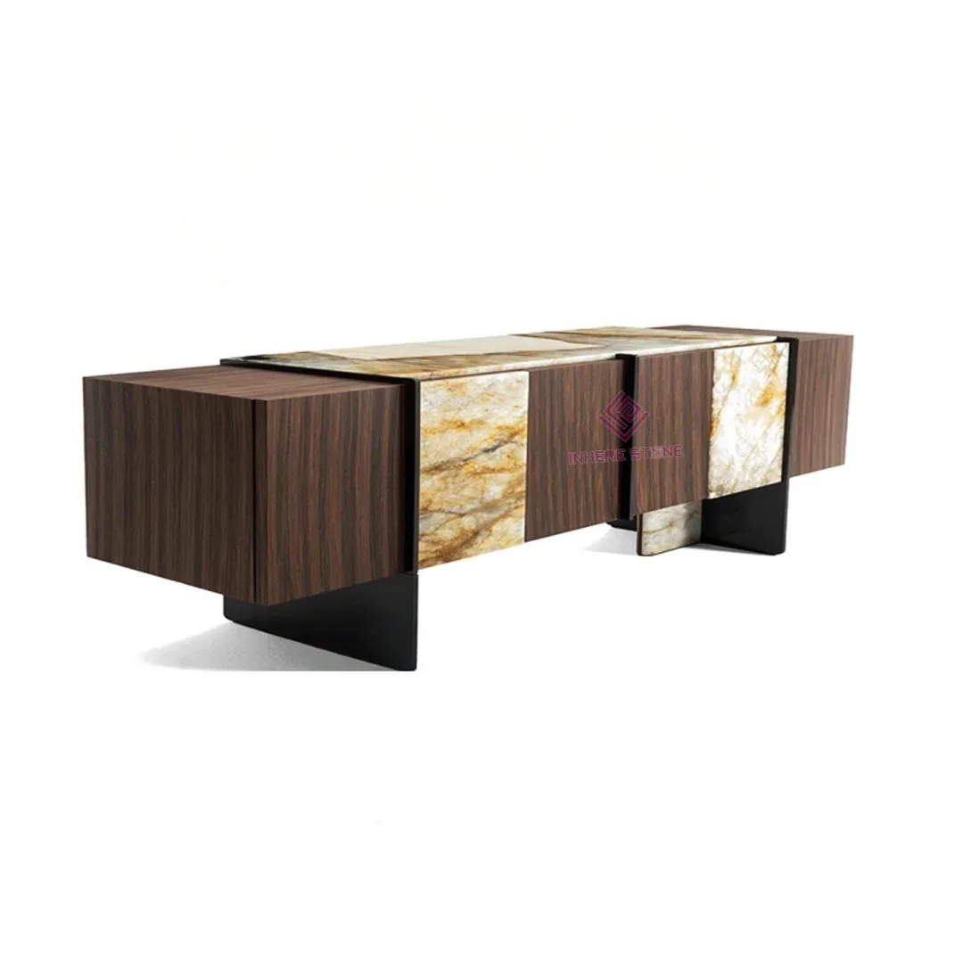 Eoin TV Unit | Modern TV Cabinet Marble SlateStainless Steel Base - Image 6