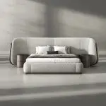 Winston Modern Warm White Leather Upholstered Low Profile Platform Bed with Hydraulic
