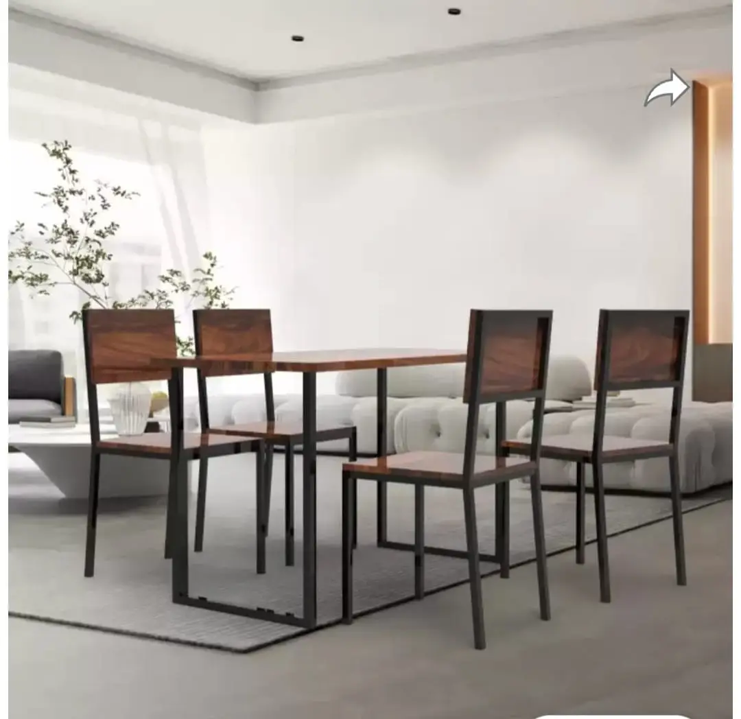 2026/01/1000003164.jpg Iron Frame Sheesham Wood Top Dining Table with Chairs Metal 4 Seater Dining Set Teak Finish - Image 1