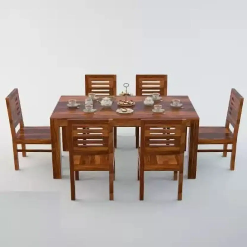 Solid Sheesham Wood Top Dining Table with Chairs 6 Seater Dining Set Walnut Finish - Image 2