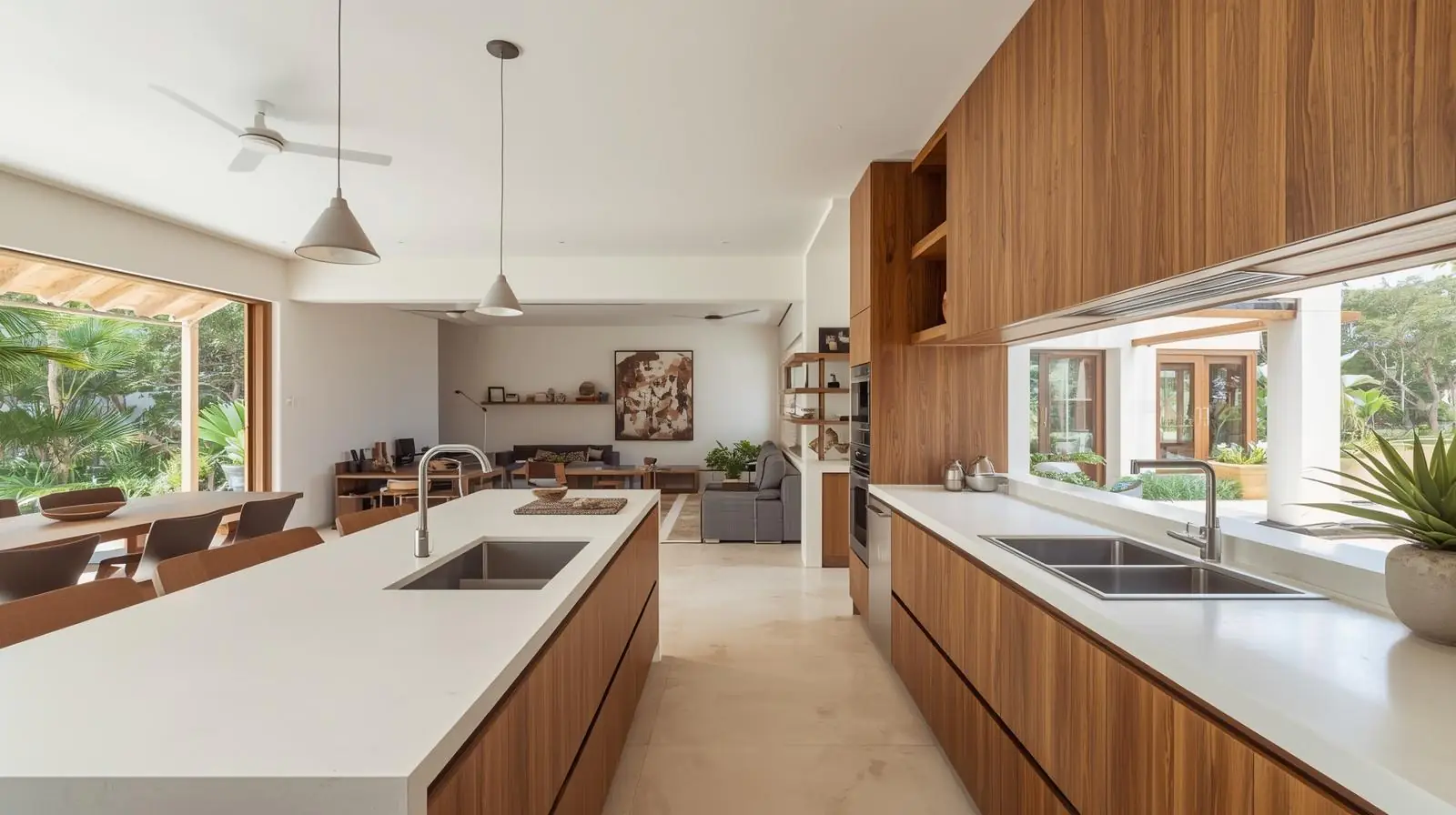 Contemporary coastal kitchen with concrete countertops and teak cabinetry