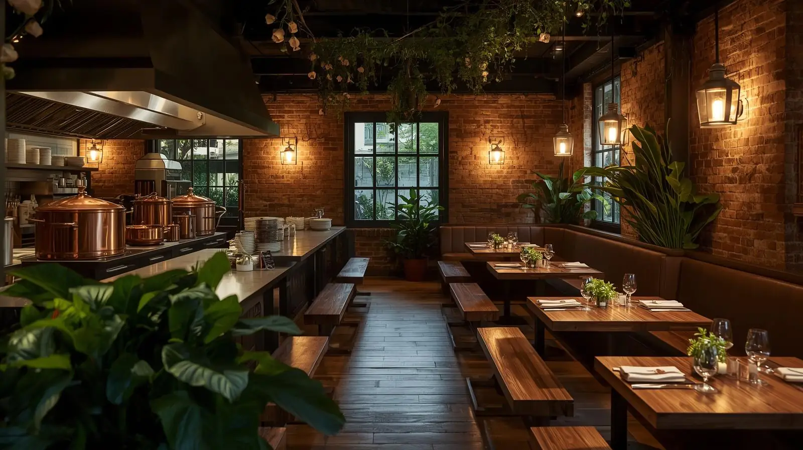 Restaurant interior lit in warm layers by Crosby