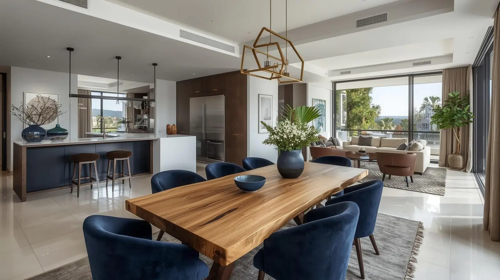 Contemporary dining zone with oak table and navy velvet chairs