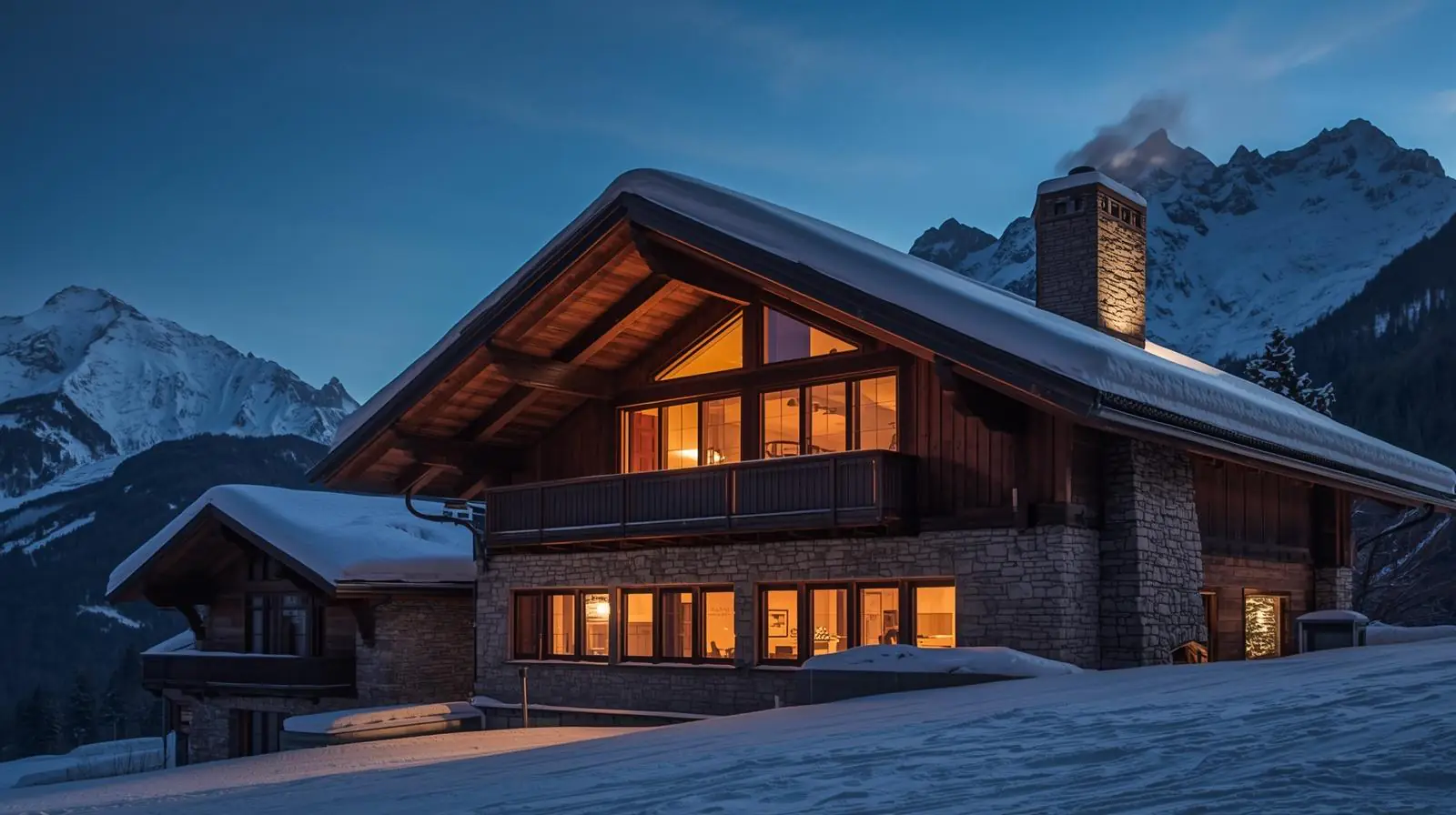 Nordic-inspired chalet exterior at dusk, snow-covered roofline