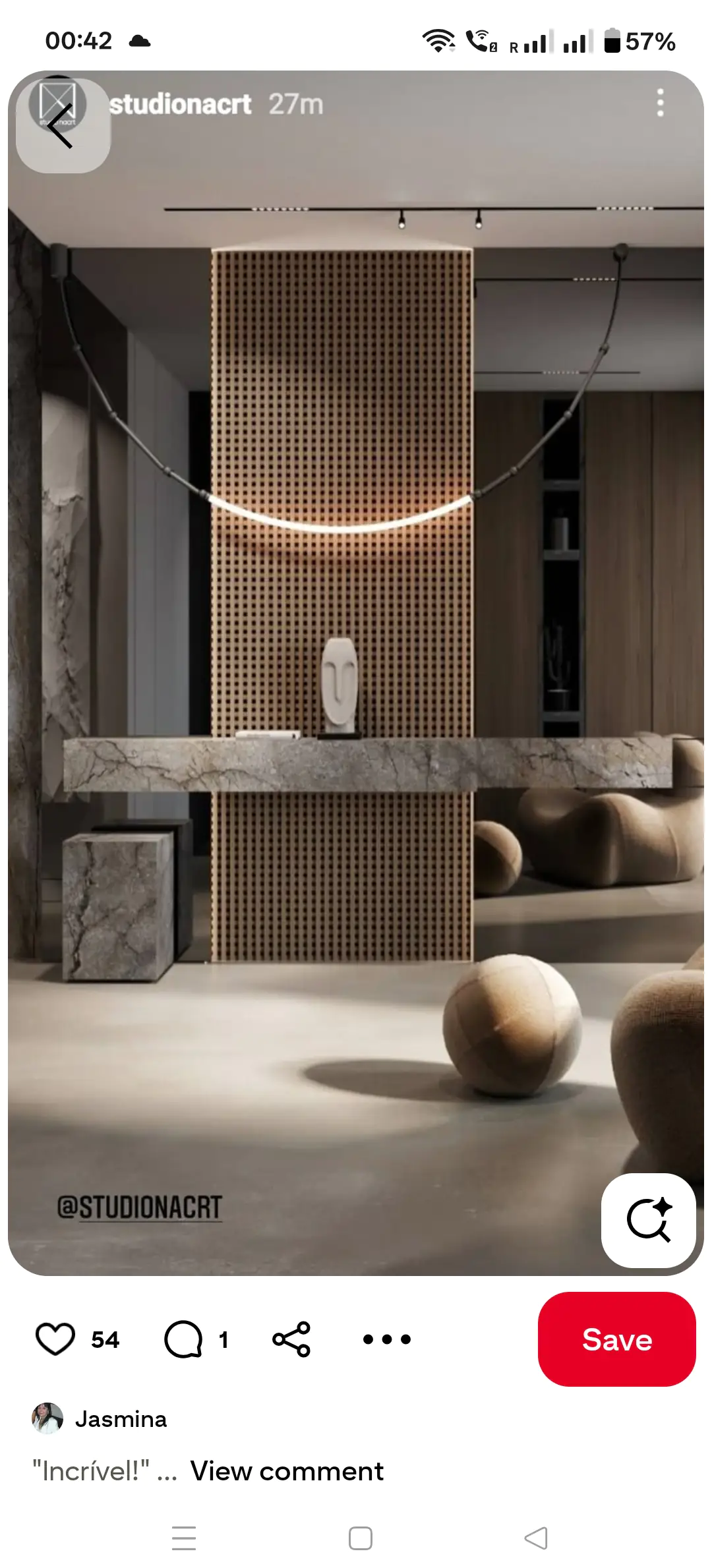 Textured dark wood interior wall with sculptural shelf detail