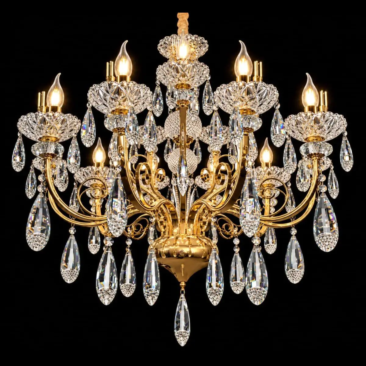 al-7002-10-5l-p4 Brass Candle Chandelier with Crystal Drops, 15 Light | Crosby
