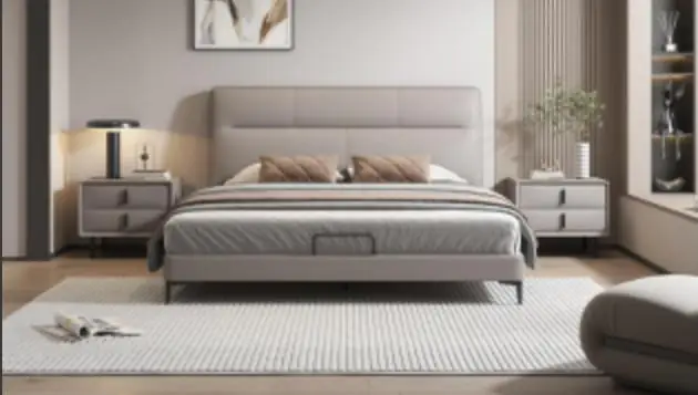 Mist Panel Bed - a pale grey panelled headboard on slim dark legs (alternate view)
