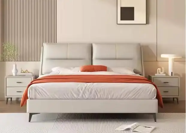 Alba Twin-Panel Bed Alba Twin-Panel Bed - a cream twin-pillow headboard on slim legs