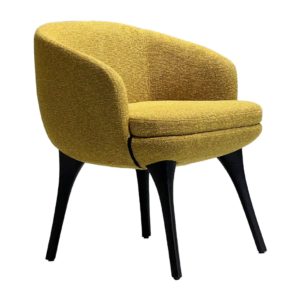 Solano Bouclé Tub Chair Solano Bouclé Tub Chair - mustard bouclé upholstery, a cushioned seat and sculpted black legs