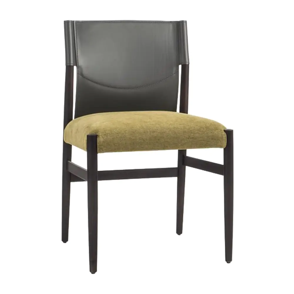 Verde Leather-Back Dining Chair - a grey leather back, an olive seat and a dark timber frame