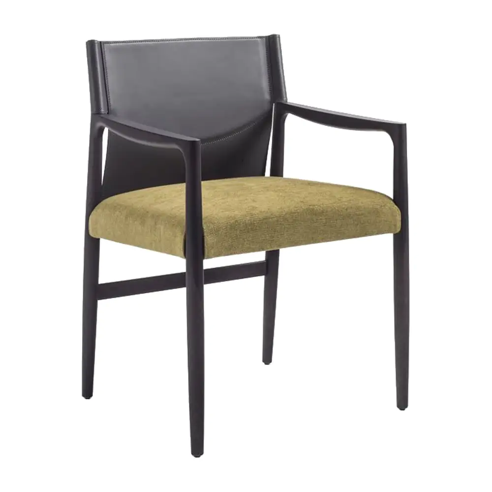 Verde Leather-Back Dining Chair - a grey leather back, an olive seat and a dark timber frame (alternate view)