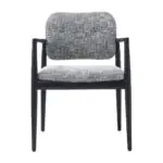 Alder Wooden Armchair - a dark timber frame with a tweed back and cushioned seat