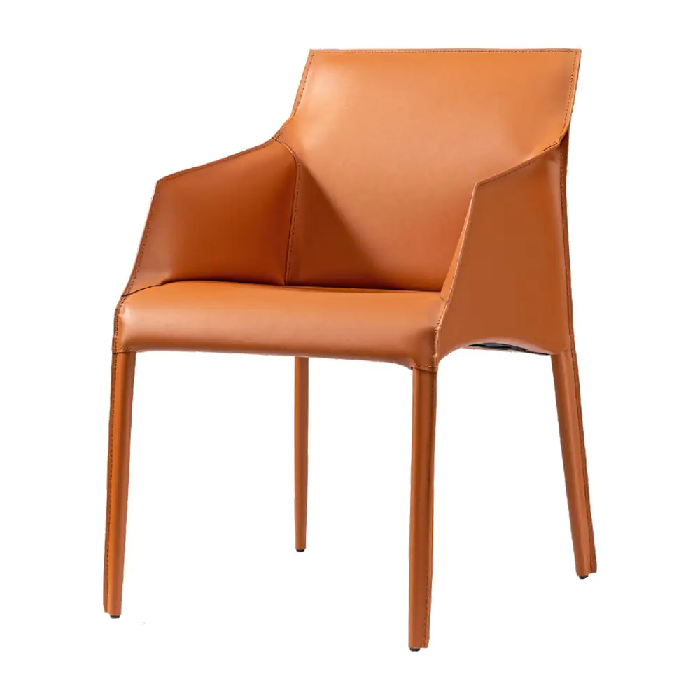 Ochre Leather Armchair - a folded tan sling with a slim frame