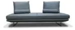 Flo Modular Sofa - a low blue-grey profile with two loose back cushions on slim steel legs (alternate view)