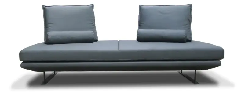 Flo Modular Sofa - a low blue-grey profile with two loose back cushions on slim steel legs (alternate view)