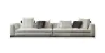 Lunar Low-Profile Sofa - a pale grey low-slung frame with a mix of scatter cushions