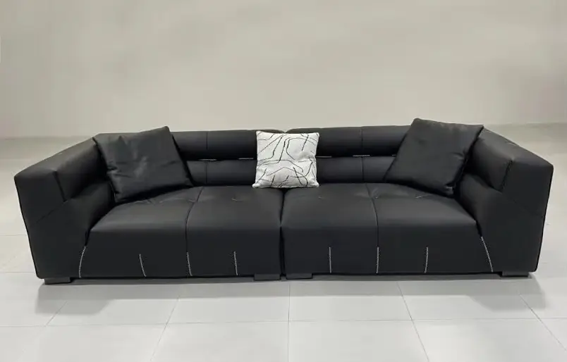 Basalt Leather Sofa - black leather with stitched panels and a generous depth