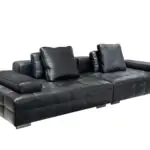 Ebony Low Leather Sofa - black quilted leather with a low, wide stance
