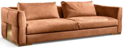 Tuscan Leather Sofa - tan leather with a brass-toned base detail